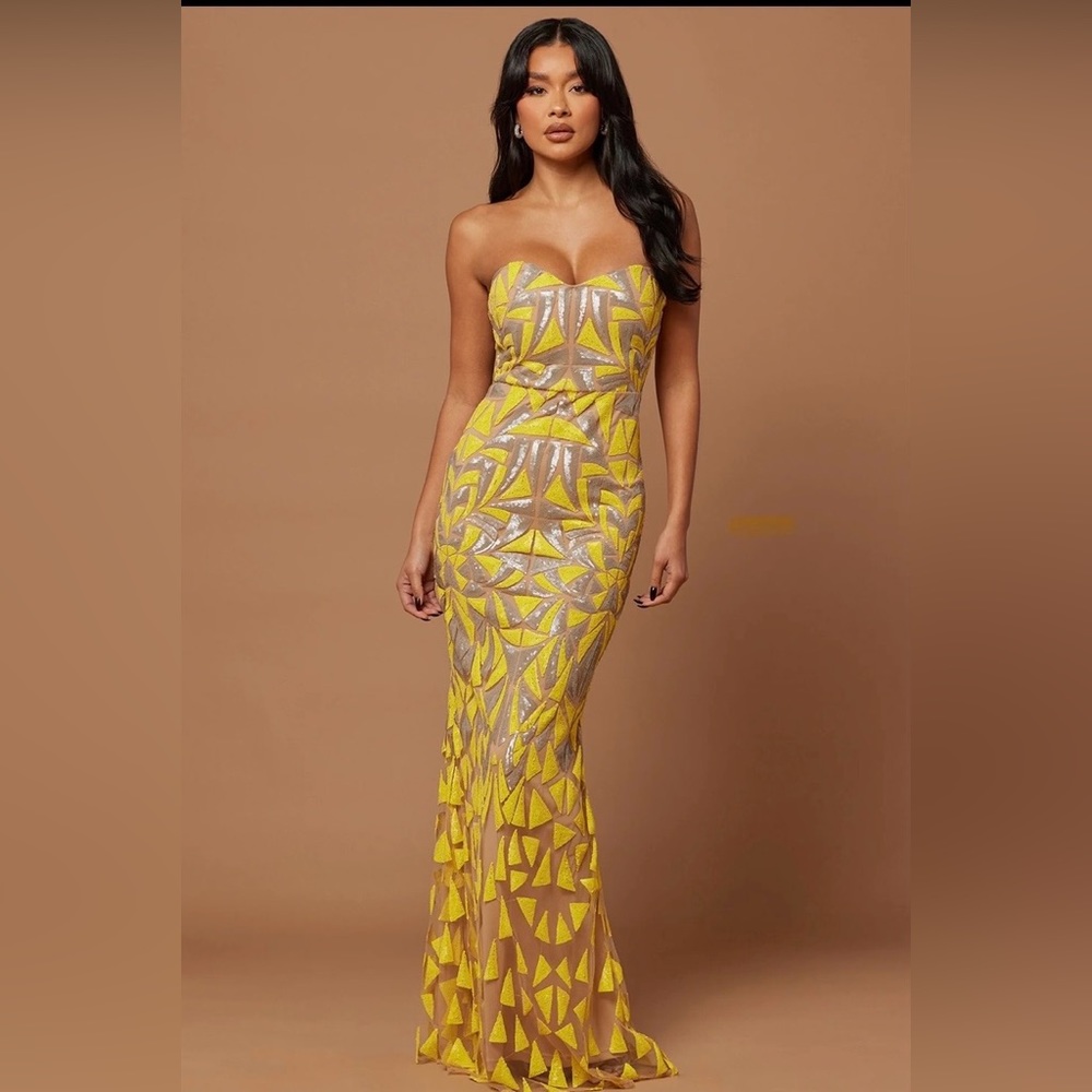 Long Sequin dress-Yellow and silver